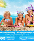 Three smiling kids wearing the Dry Top Kids Snorkel Set With Anti-Fog Panoramic Mask And Anti-Leak Design on a beach.