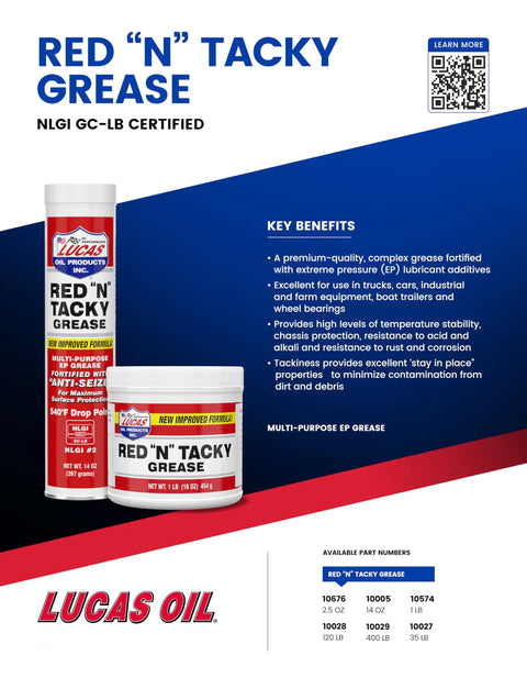 Red N Tacky Grease For Auto And Equipment Lubrication, 1 lb tube, with product benefits and certifications displayed.