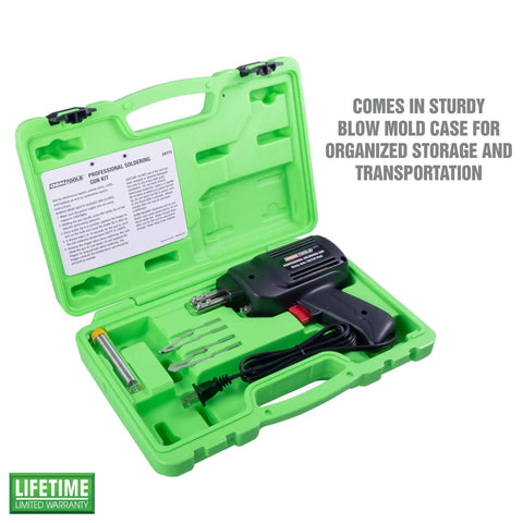 Fast Heat Soldering Gun Kit With Case and Rosin Core Solder, 2 Tips, 55 Inch Cord, case open displaying components