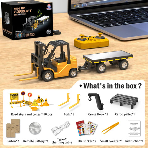 Newest 2026 Dope One Sixty Four Scale RC Forklift Toy With Trailer And Attachable Fork And Hook Three In One Desktop Toy Set
