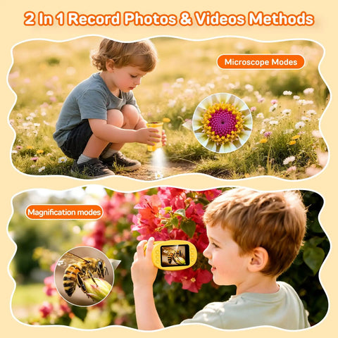 Kid-Friendly Handheld Microscope With 2.0 Inch IPS Screen, 1000X Magnification, Rechargeable Portable STEM Lab Toy for Boys and Girls Ages 4-12, Outdoor Science Gift, Educational Pocket Microscope, Orange, child viewing flowers