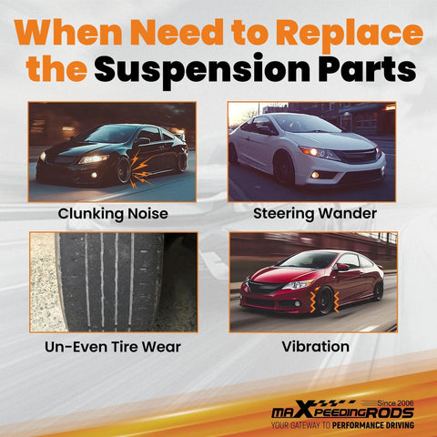 Infographic showing signs of suspension issues: clunking noise, steering wander, uneven tire wear, vibration in vehicles.