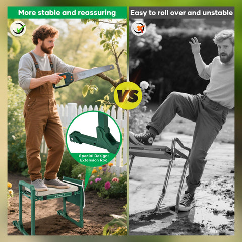 Comparison of Garden Kneeler And Seat Foldable Gardening Stool With Extendable Legs in use, showing stability and instability features.
