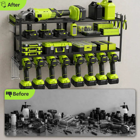Heavy Duty Power Tool Wall Mount Organizer With 4 Tier Shelves And 8 Drill Holders, Supports Up To 300Lbs, organized tool setup