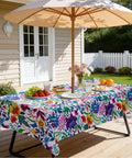 Outdoor Tablecloth With Umbrella Hole And Zipper Paisley Print Waterproof Patio Cover For Spring And Summer Stain Resistant And Wrinkle Free 60 By 84 Inch Rectangle Tablecloth For Picnics Backyards And Al Fresco Dining Must Have on a patio table with fruits
