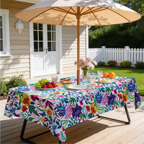Outdoor Tablecloth With Umbrella Hole And Zipper Paisley Print Waterproof Patio Cover For Spring And Summer Stain Resistant And Wrinkle Free 60 By 84 Inch Rectangle Tablecloth For Picnics Backyards And Al Fresco Dining Must Have on a patio table with fruits