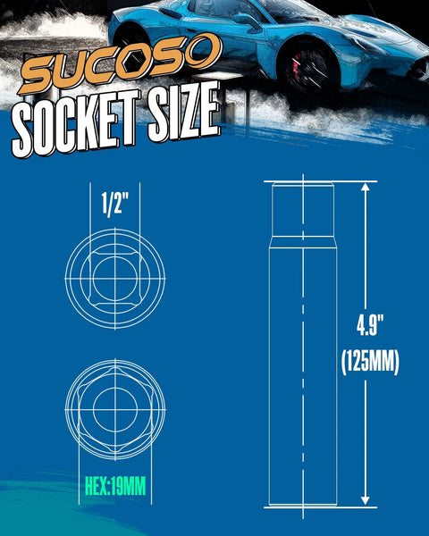 Illustration of Spike Lug Nut Socket Key For Stripped Lug Nuts, 19Mm Hex, 5 Inch Tall, showing dimensions and socket size.