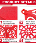 Product details of red 3D foam archery target with six-sided dice cube, handle, patterns, and bright color for easy shooting.