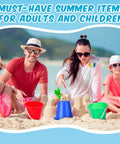 Family playing with 24 Piece Neon Beach Bucket Set For Kids With 5 Inch Buckets, Sand Pails, And Sandcastle Molds For Toddler Summer Beach Play