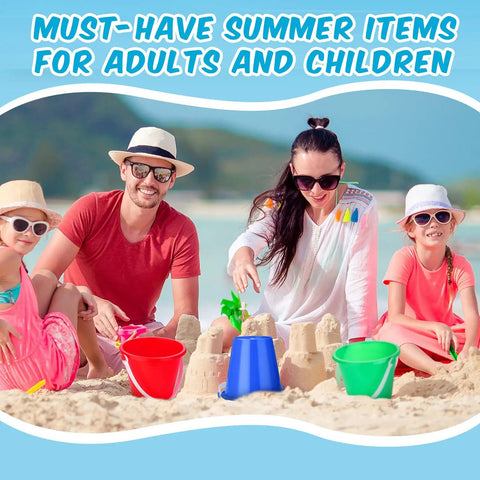 Family playing with 24 Piece Neon Beach Bucket Set For Kids With 5 Inch Buckets, Sand Pails, And Sandcastle Molds For Toddler Summer Beach Play