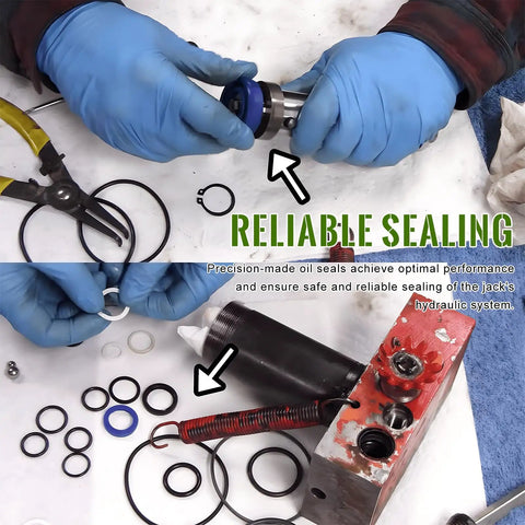 17 Piece Floor Jack Seal Kit for 3 Ton Hydraulic Jacks With Oil Seal Repair Kit shown in use with seals and plug