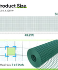 Diagram and roll of 1 Inch Hardware Cloth Roll For Chicken Coops 40 Inch Wide By 50 Feet 20 Gauge Dark Green Vinyl Coated Wire Mesh
