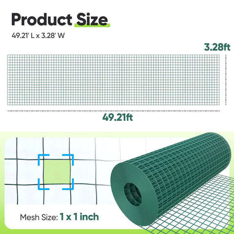 Diagram and roll of 1 Inch Hardware Cloth Roll For Chicken Coops 40 Inch Wide By 50 Feet 20 Gauge Dark Green Vinyl Coated Wire Mesh