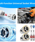 Two Pack Adjustable Universal Socket Wrench Tool Set Featuring 10mm To 19mm Adapters on a drill and in a mechanic's hand.