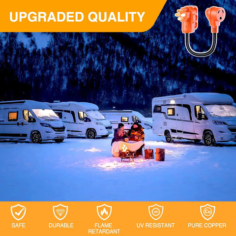 Heavy Duty 50 To 30 Amp Rv Power Adapter Cord 18 Inch Dogbone Converter Plug in winter camping scene near RVs.