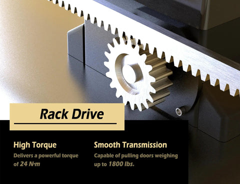 1800lb WiFi Sliding Gate Opener With Smart App Control One Half HP Rack Driven Gate Motor Includes Two Remote Controls And IR Sensor Complete Hardware Kits For Driveway Gates Up To Forty Feet rack drive gear close-up
