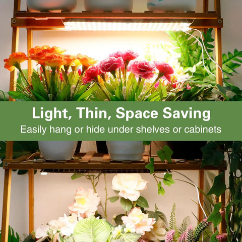 Ultra Thin 40W Full Spectrum Grow Light Panel With 768 LEDs For Indoor Plants Daisy Chain Ready Four Pack Seed Starting Auto On Off Timer With Four Eight Twelve Sixteen Twenty Hour Options illuminating plants on shelf
