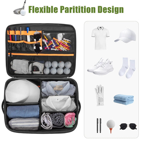 Two Layer Golf Trunk Organizer for Cars with ventilated shoe compartment, holds golf balls, clothes, tees, gloves, accessories, black