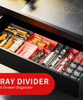 Open drawer with 69 Piece Tool Organizer Set With 5 Sizes For Drawer Desk Tray Rolling Chest And Toolbox Storage In Black And Red Durable Plastic Bins For Tools Hardware And Small Parts Easy Access And Neat Organization visible