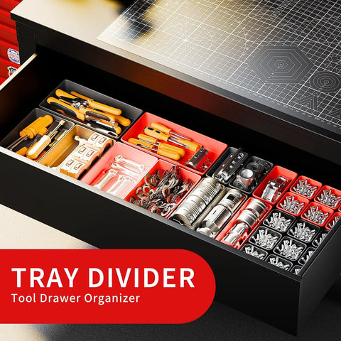 Open drawer with 69 Piece Tool Organizer Set With 5 Sizes For Drawer Desk Tray Rolling Chest And Toolbox Storage In Black And Red Durable Plastic Bins For Tools Hardware And Small Parts Easy Access And Neat Organization visible