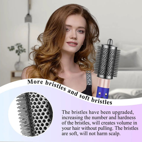 Woman using Large Round Volumizing Hair Brush Attachment for Dyson Airwrap Styling with metal gray finish