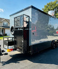 Custom Rollout Food Trailer Kitchen Unit Featuring Heavy Duty Refrigerator Commercial Sink And Stainless Steel Juicer Station rear view with black finish