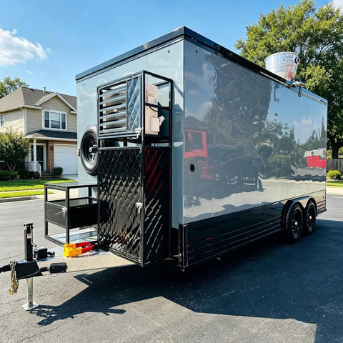 Custom Rollout Food Trailer Kitchen Unit Featuring Heavy Duty Refrigerator Commercial Sink And Stainless Steel Juicer Station rear view with black finish