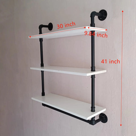 Industrial Pipe Shelving With Towel Rack 3 Tier 30 Inch Rustic White Floating Shelves mounted on wall, side view