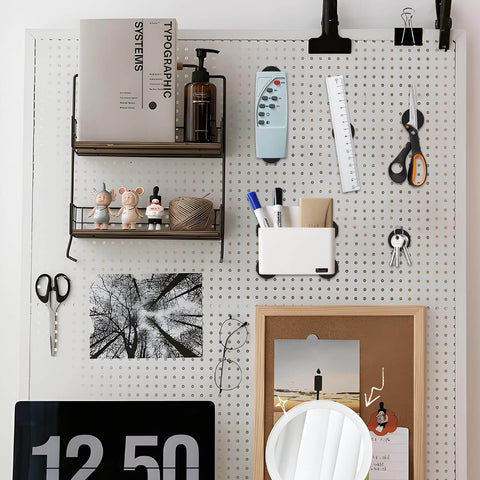 Bulletin board with organized stationery, scissors, and decor items on a wall. Heavy Duty 80 Mil Magnetic Sheet With Adhesive Backing 8.5 By 11 Inches Anisotropic Flexible Rubber Magnets For A Strong Hold On Metal Surfaces Sticks Like Crazy For DIY Projects Bulletin Boards Office Or Classroom Use.