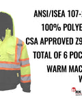 Front view of Hi Viz Workwear ANSI Class 3 Bomber Safety Jacket in neon lime with reflective taping, emphasizing material and compliance.