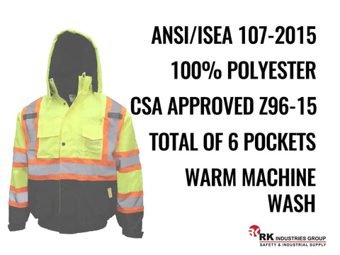 Front view of Hi Viz Workwear ANSI Class 3 Bomber Safety Jacket in neon lime with reflective taping, emphasizing material and compliance.