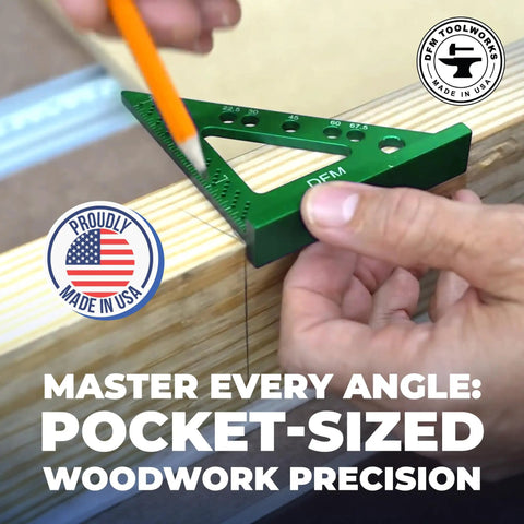 Handy Compact Carpenters Tool With Fixed Miter Angle Pin For Precision Woodworking Ideal For DIYers Pocket Sized Scribe Holes Made In USA English Blue in use on wood