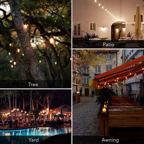 48 Feet Outdoor String Lights With 24 LED Bulbs, Smart Dimmable Shatterproof Patio Lighting on trees, patio, yard, and awning