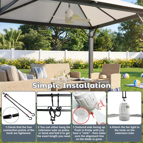 Kick Back And Chill With This Wireless Ceiling Fan 20 Inches Powered By 20000mAh Battery And Smooth Led Lighting Remote Control For Backyard Gazebo Setup installation guide with fan in shaded outdoor seating.