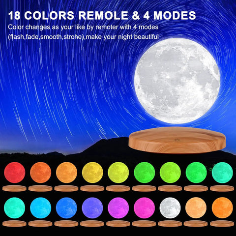 Levitating Moon Lamp Galaxy Light 6 Inch With 18 Color LED Modes, Floating 3D Moon Night Light over colorful LED options.