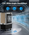 Heavy Duty Large Evaporative Swamp Cooler Pushes A Crisp 20600 CFM Breeze To Chill 3600 Sq Ft With No Sweat Auto Fill And A Beefy 57 Gallon Tank For Smooth Indoors Or Outdoors Cooling showing 120° wide-angle oscillation