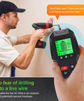 GYZOUKA 5 in 1 Wall Scanner Detector Stud Finder for Hanging Shelves in use, detecting live wires on wall with a drill.