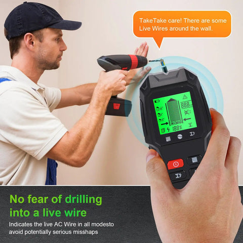 GYZOUKA 5 in 1 Wall Scanner Detector Stud Finder for Hanging Shelves in use, detecting live wires on wall with a drill.