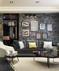 Modern living room with black 3D wall panels from 20 Pack 3D Wall Panels Peel And Stick Foam Brick Wallpaper Self Adhesive Faux Stone Wall Panels Black 3D Brick Tiles For Easy Home Makeover With Sound Dampening Waterproof Dustproof And Simple Install.