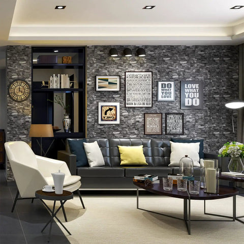 Modern living room with black 3D wall panels from 20 Pack 3D Wall Panels Peel And Stick Foam Brick Wallpaper Self Adhesive Faux Stone Wall Panels Black 3D Brick Tiles For Easy Home Makeover With Sound Dampening Waterproof Dustproof And Simple Install.