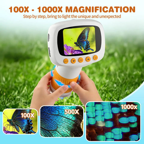 Kids Microscope 3 And Up 1000X Handheld Digiscope With 2 Inch IPS Display For Awesome Photo And Video Ultra Portable Science Toy For Home School Easy Single Button Start Great Gift For Curious Young Scientists. handheld digital microscope with butterfly image on 2-inch IPS screen