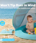 Baby Beach Tent Pop Up Shade Pool With UPF 50 UV Protection Sun Shelter for infants, kid playing, sand pockets visible