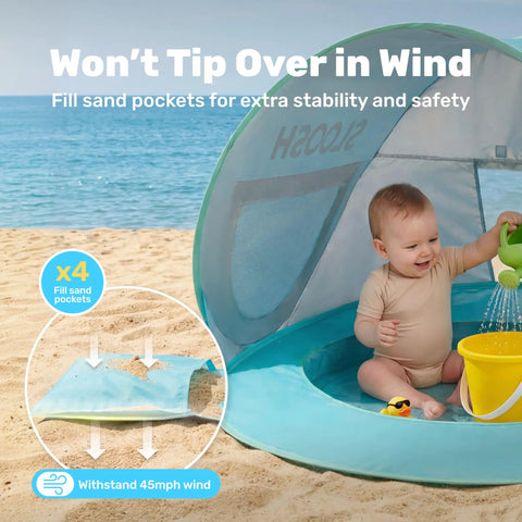 Baby Beach Tent Pop Up Shade Pool With UPF 50 UV Protection Sun Shelter for infants, kid playing, sand pockets visible