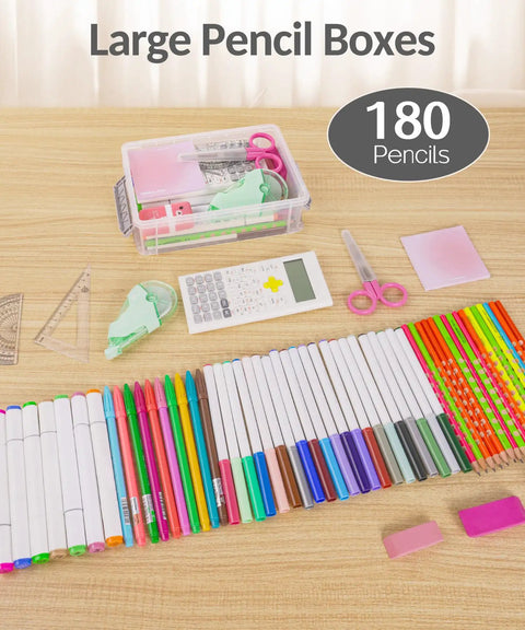 Set Of Six Jumbo Clear Plastic Pencil Cases With Anti Skid Base Hella Roomy Stackable Storage Bins Straight Up Solid For Classroom Gear And Desktop Organization Keeps Art Supplies Neat