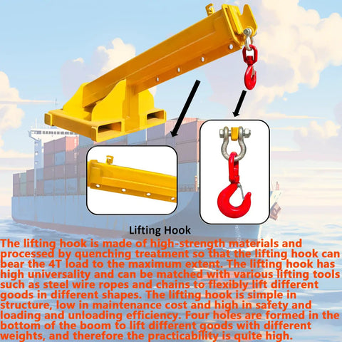 Heavy Duty Adjustable Forklift Telescopic Truss Jib Boom With Rock Solid Hella Strong Lifting Hook showing red lifting hook detail.