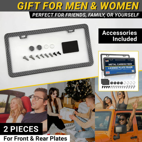 Fresh Black Carbon Fiber License Plate Frames Two Pack Slim Heavy Duty Auto Accessories with installation hardware included.