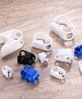 10-Pack Adjustable Plastic Tubing Clamps 1/4 to 1/2 Inch Water Flow Control Tube Clips in white, black, and blue on wood surface
