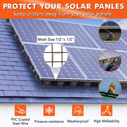 Heavy Duty PVC Coated Solar Panel Bird And Critter Shield Net With 6In X 120Ft Mesh installed above solar panels to prevent critter damage.