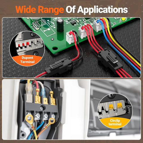 Five-In-One Pro-Grade Wire Crimp Tool Kit For AWG 28-16 Dupont And Spade Connectors with terminals on circuit board