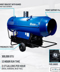 Heavy Duty Mobile Indirect Diesel Air Heater Dropping Serious Heat For Job Sites And Contractor Crews With Straight Up Reliable Commercial Fuel Warming Setup For Quick Site Thawing, showing Blaze 300 model with pneumatic tires and fuel gauge.